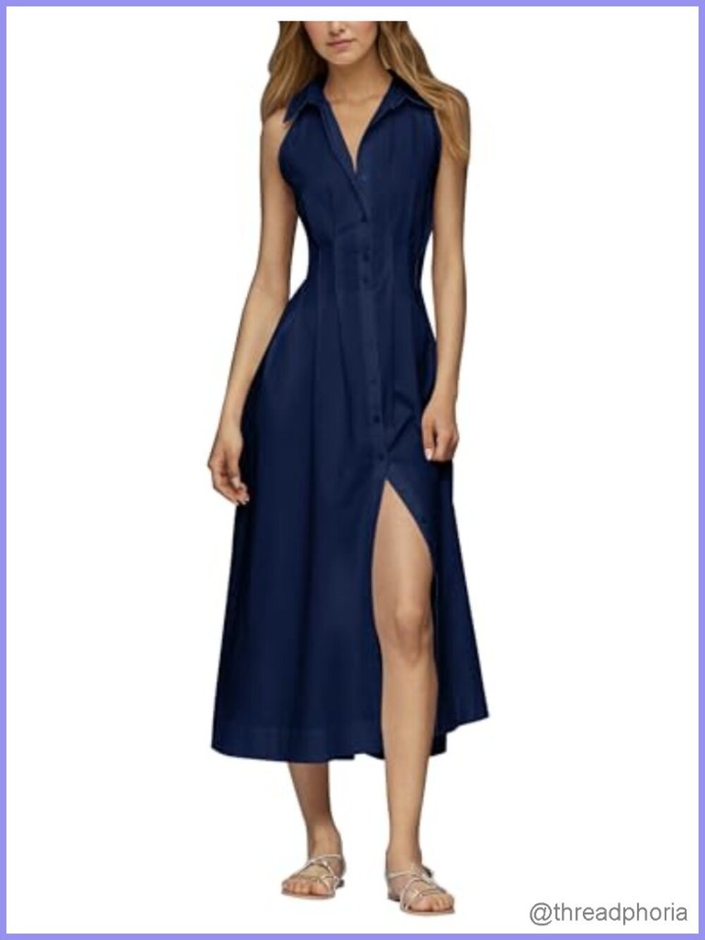 Women's Sleeveless Pleated Maxi Dress with Button Front and V Neck